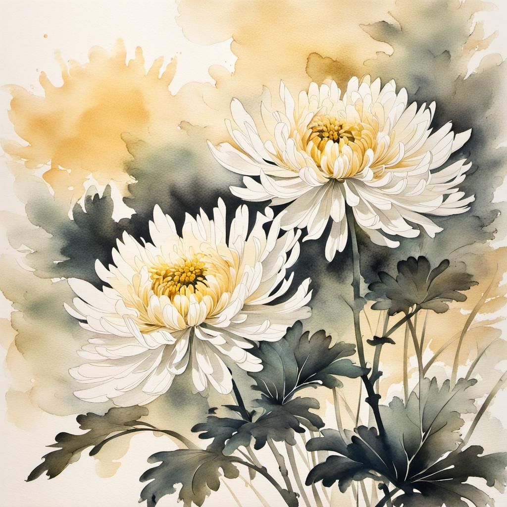 Chrysanthemum in Chinese Ink Painting Style