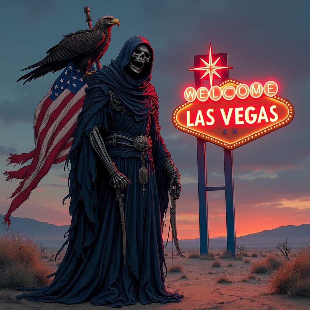 Grim Reaper Surrounded by American Bald Eagle, Flag, and Ret...