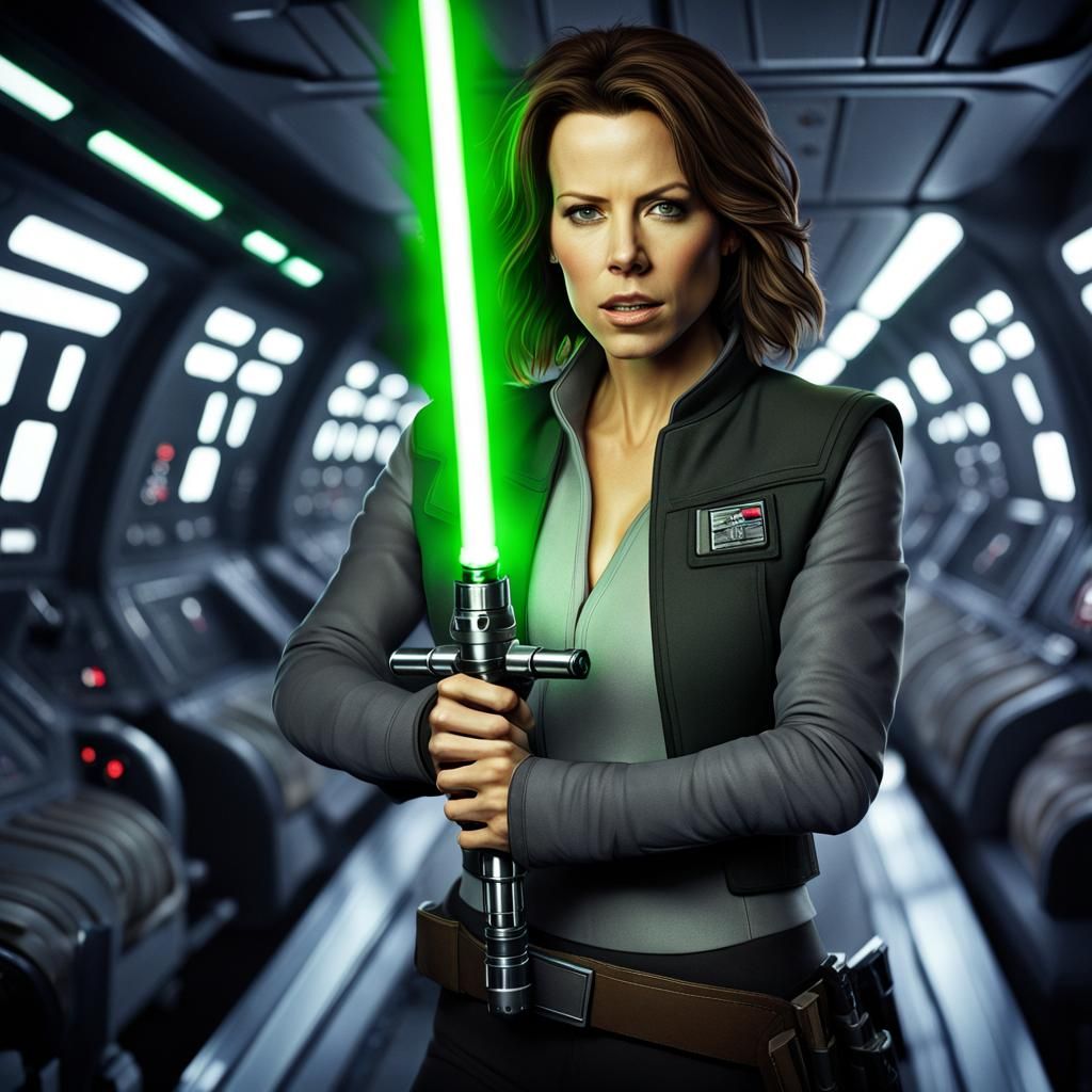 Kate Beckinsale with Lightsaber Aboard Star Wars Ship
