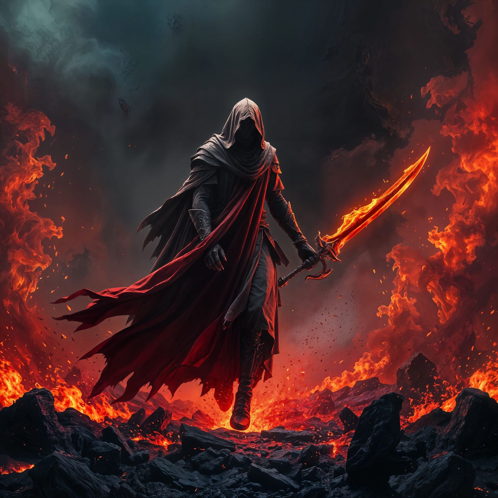 A cloaked figure of doom strides through ash and embers, the...