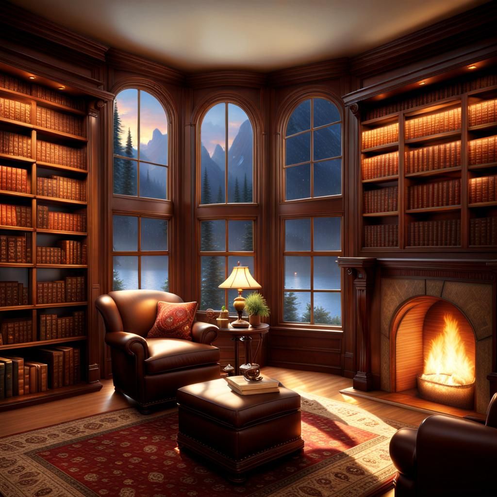 Cozy Home Library in Kinkade Style