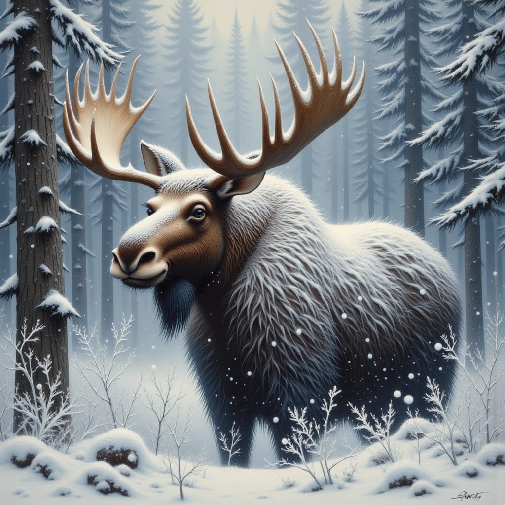 Moose in Snowy Evergreen Forest, Classical Painting