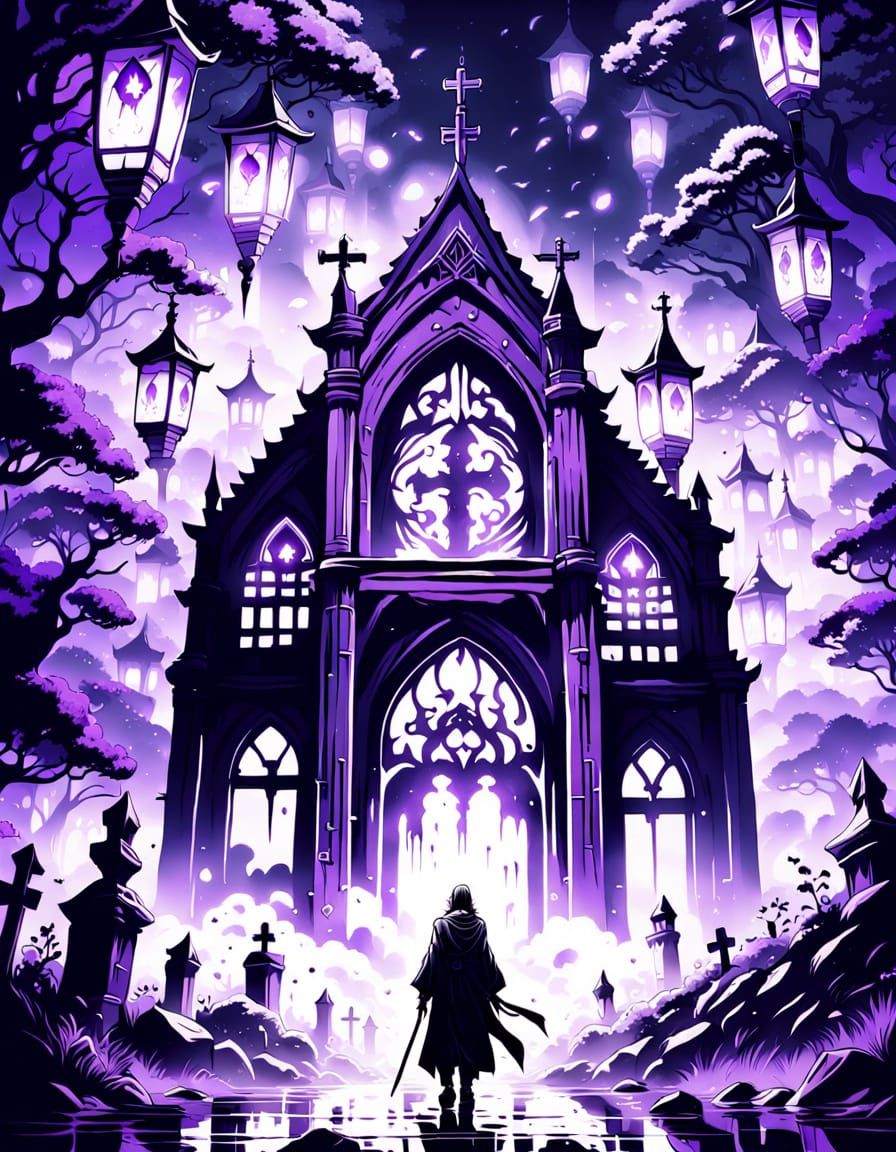Anime Chapel of Lost Souls with Eerie Purple Glow