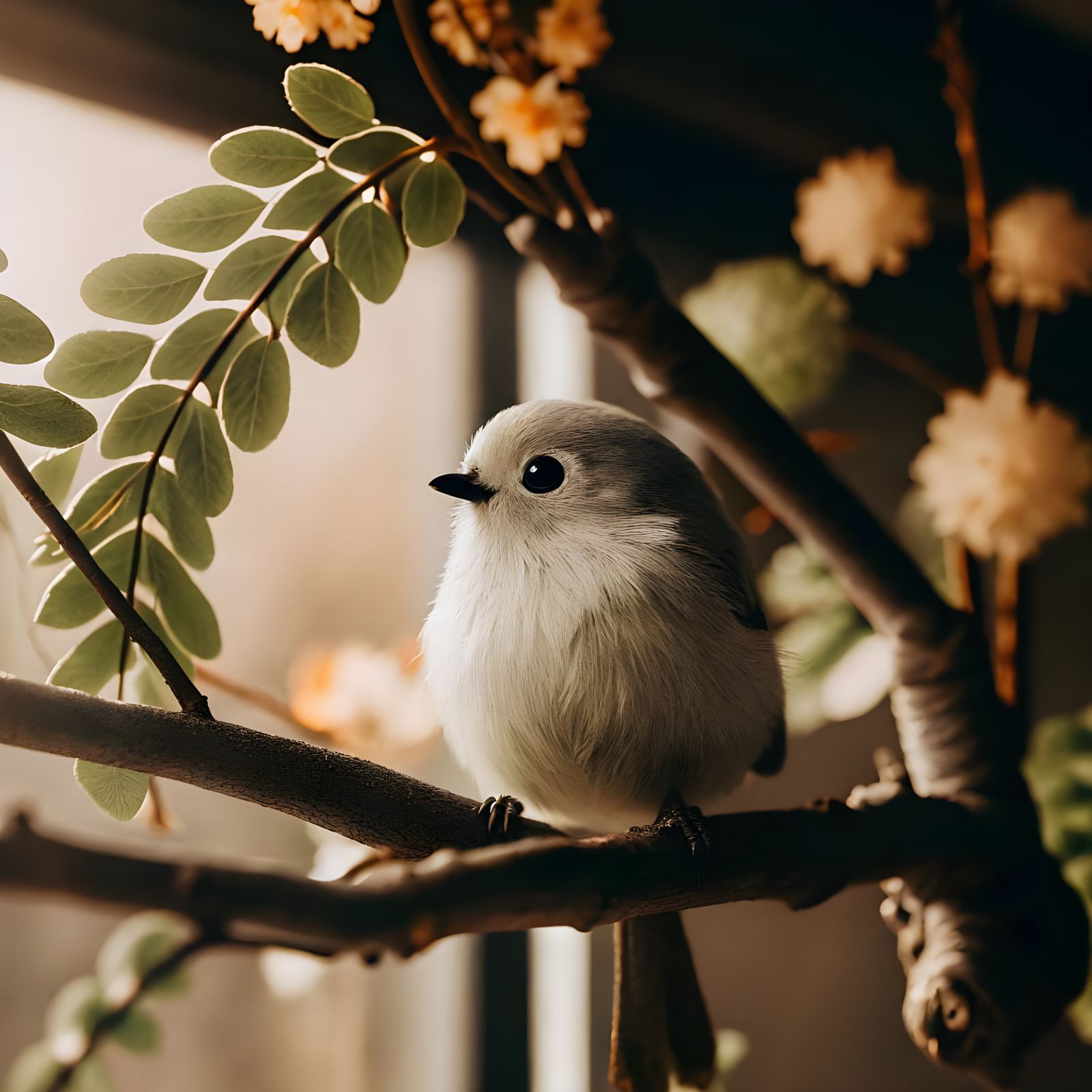Hyperrealistic Bird Gazing at Leaf Bird Arrangement