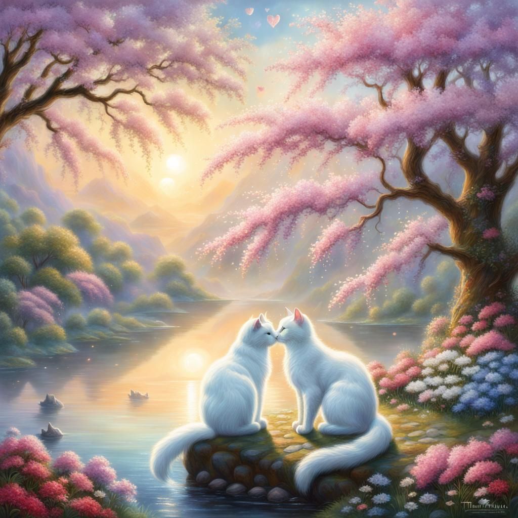 Romantic Cats Kissing with Hearts and Flowers