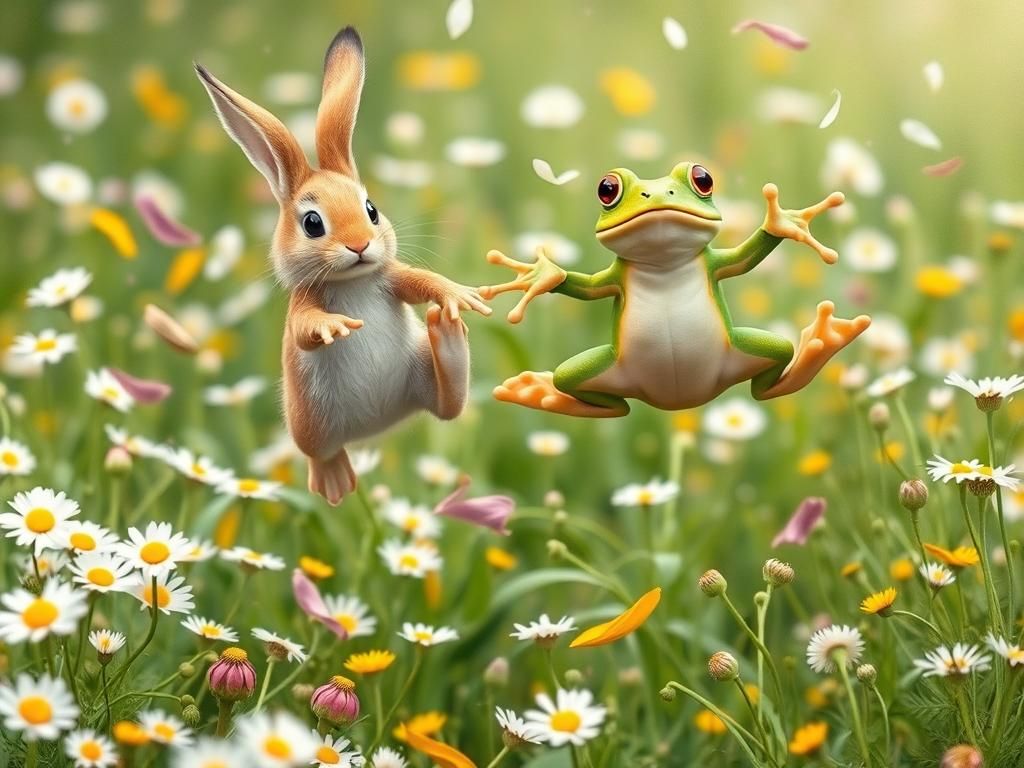 Whimsical Friends Leap Over Vibrant Wildflower Meadow