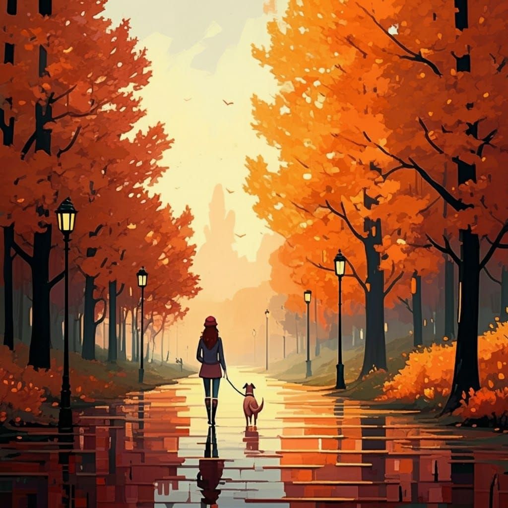 Autumn Walk: Pixelated Gouache Landscape with Dog