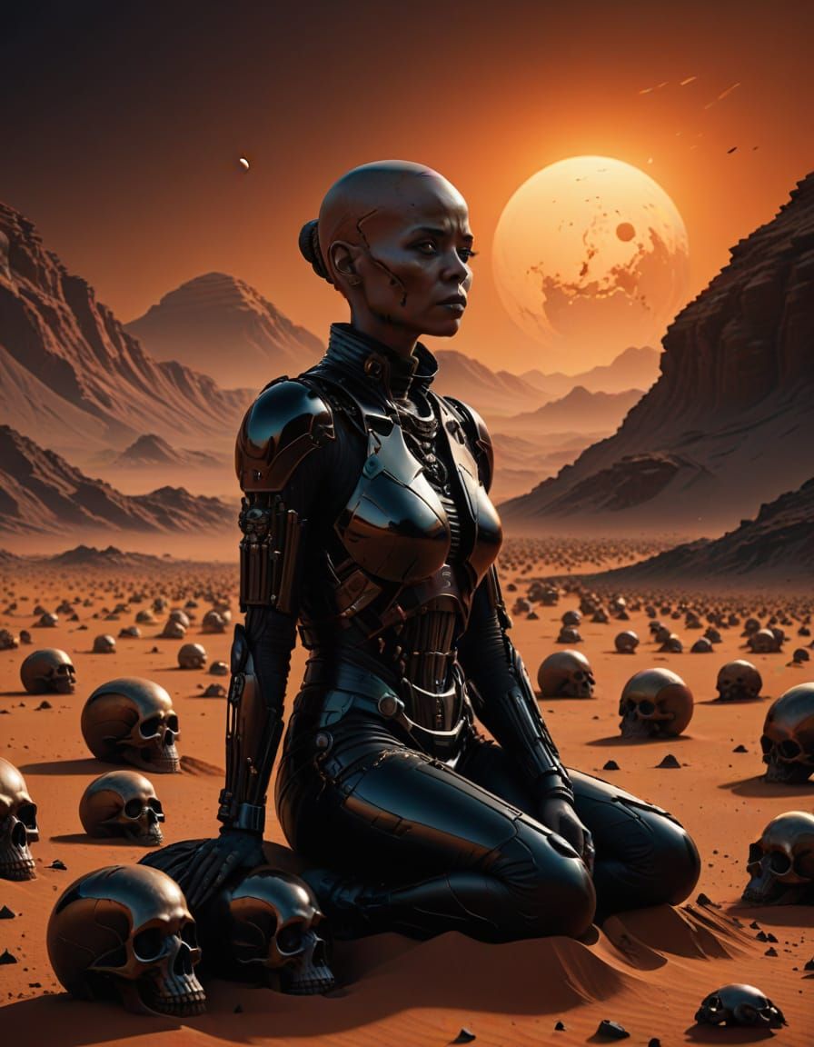 Mars Sunset Goddess with Skulls in Epic Digital Painting