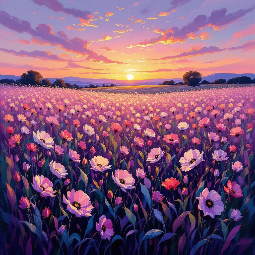 Iridescent Flora Under Twilight Sky as Impasto Painting