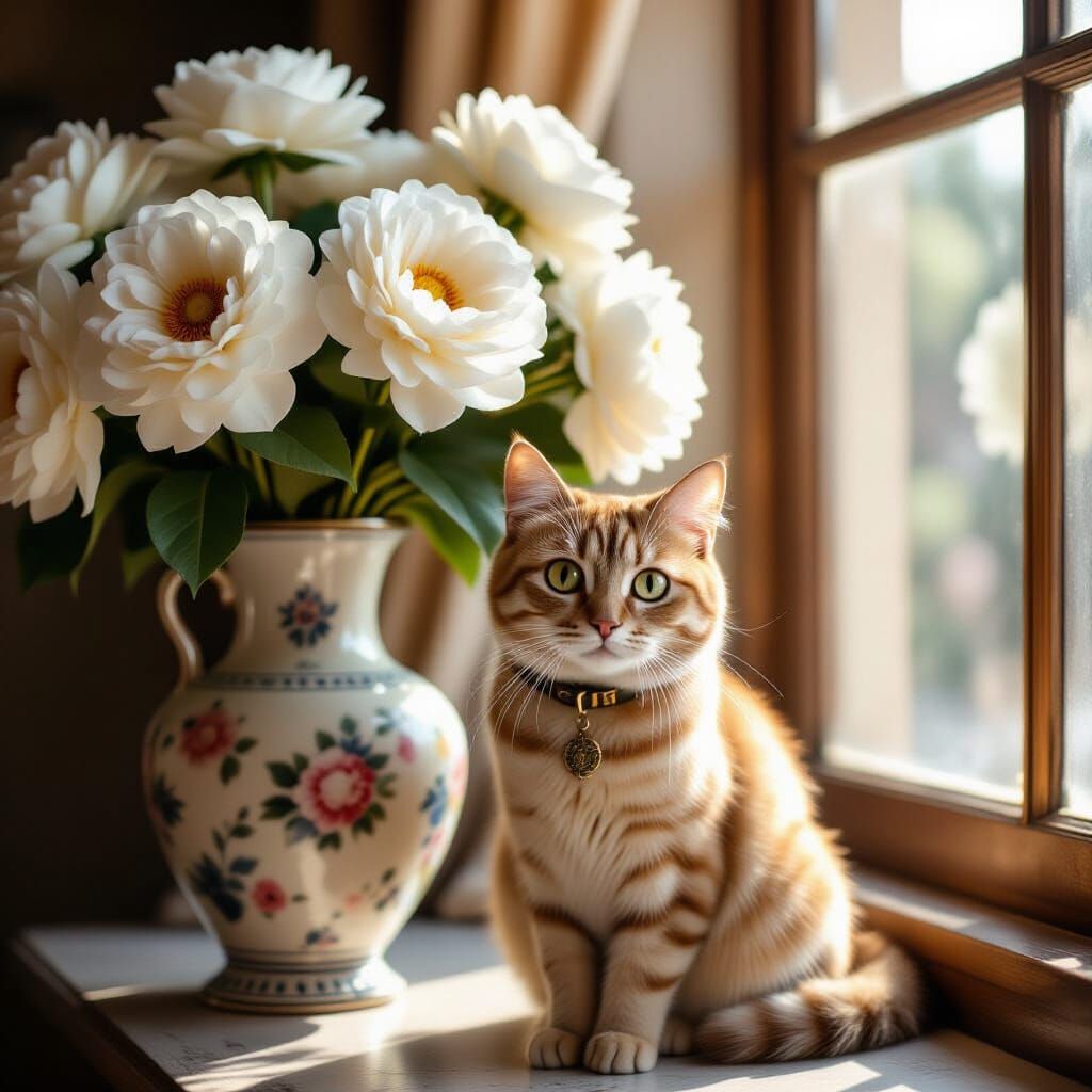 Cat with Flowers in Italian Neorealism Style
