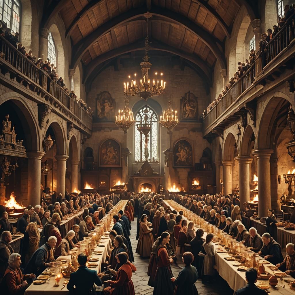 Grand Hall Gathering: A Cinematic Film Still