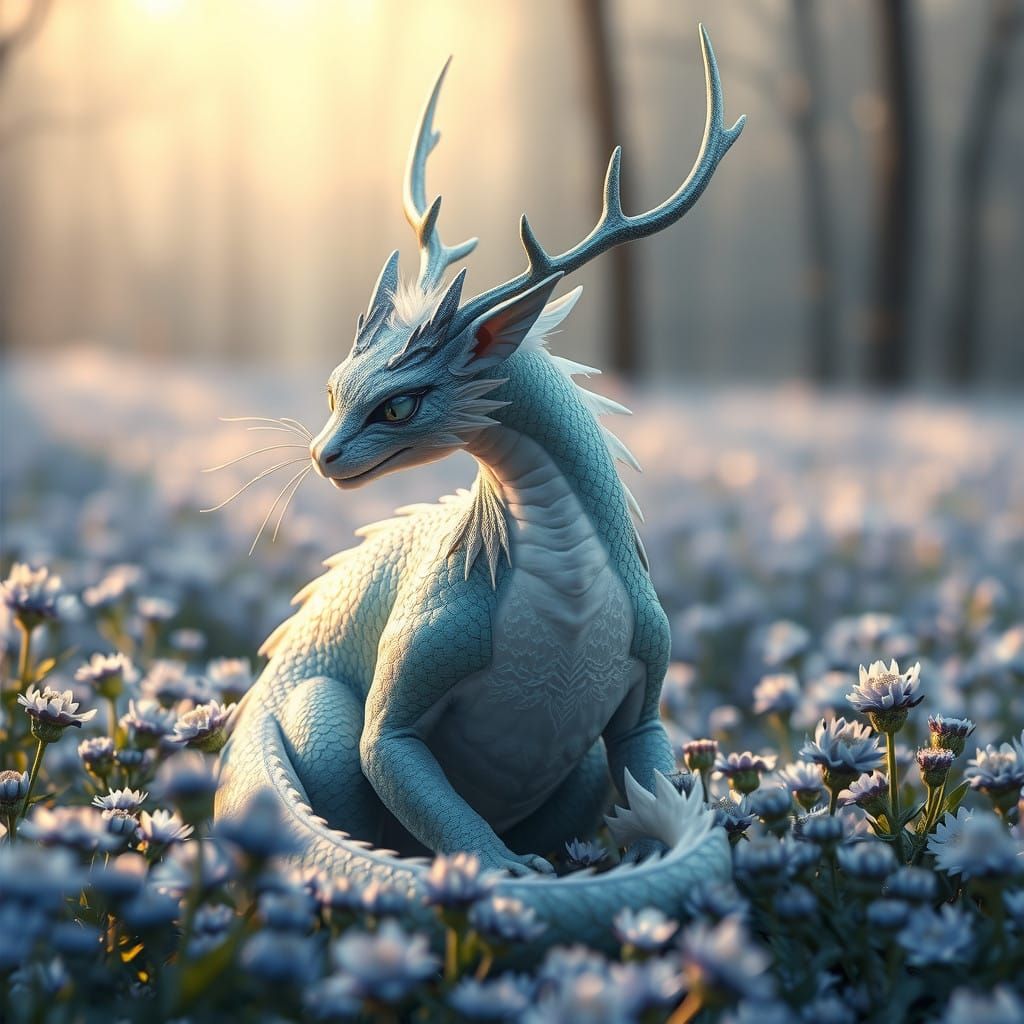 Serene Dragon-Cat in Winter Forest, Iridescent Scales and So...