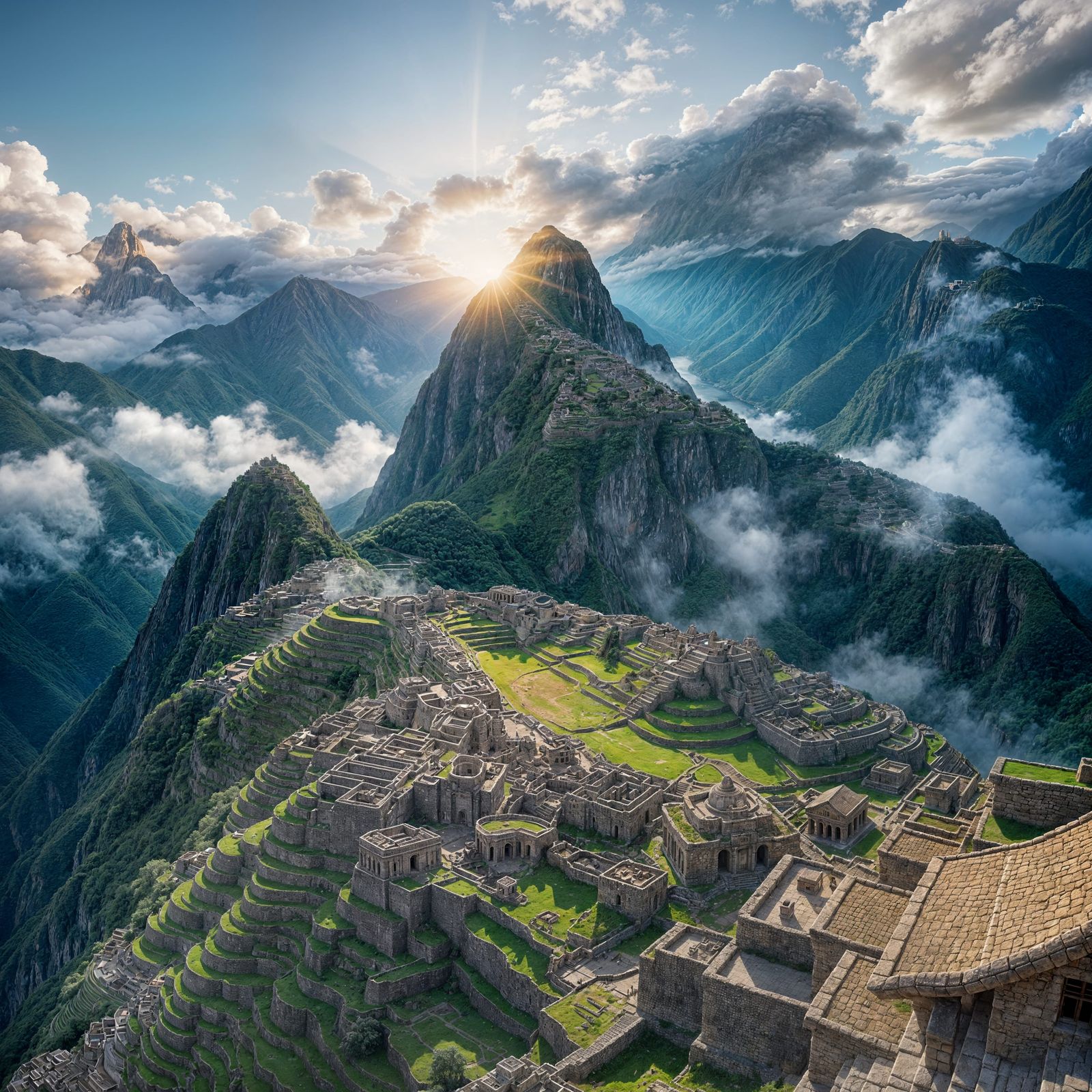 Machu Picchu at Sunrise: Hyperrealistic Fantasy Vista