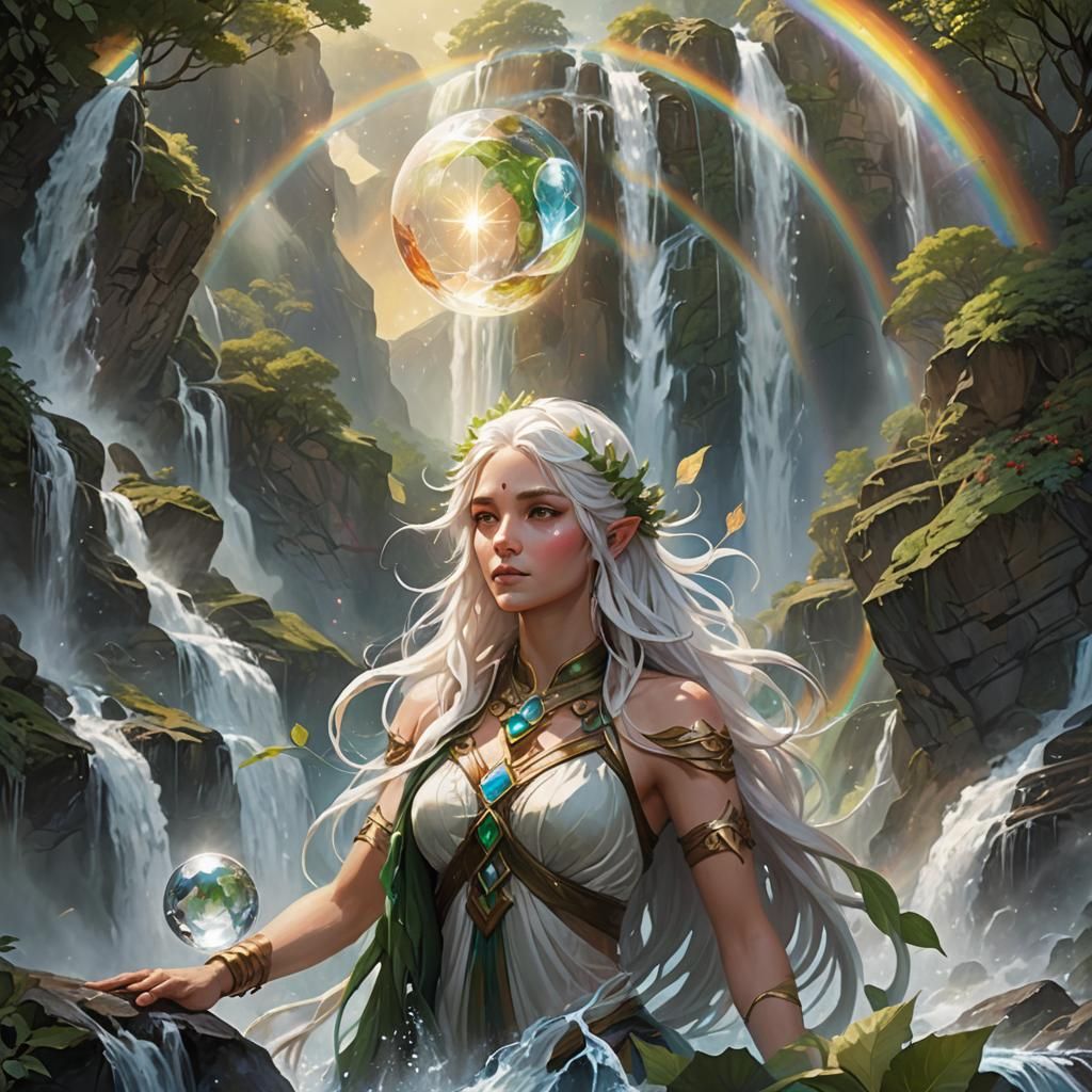 Goddess Gazing at Orb in Magical Landscape