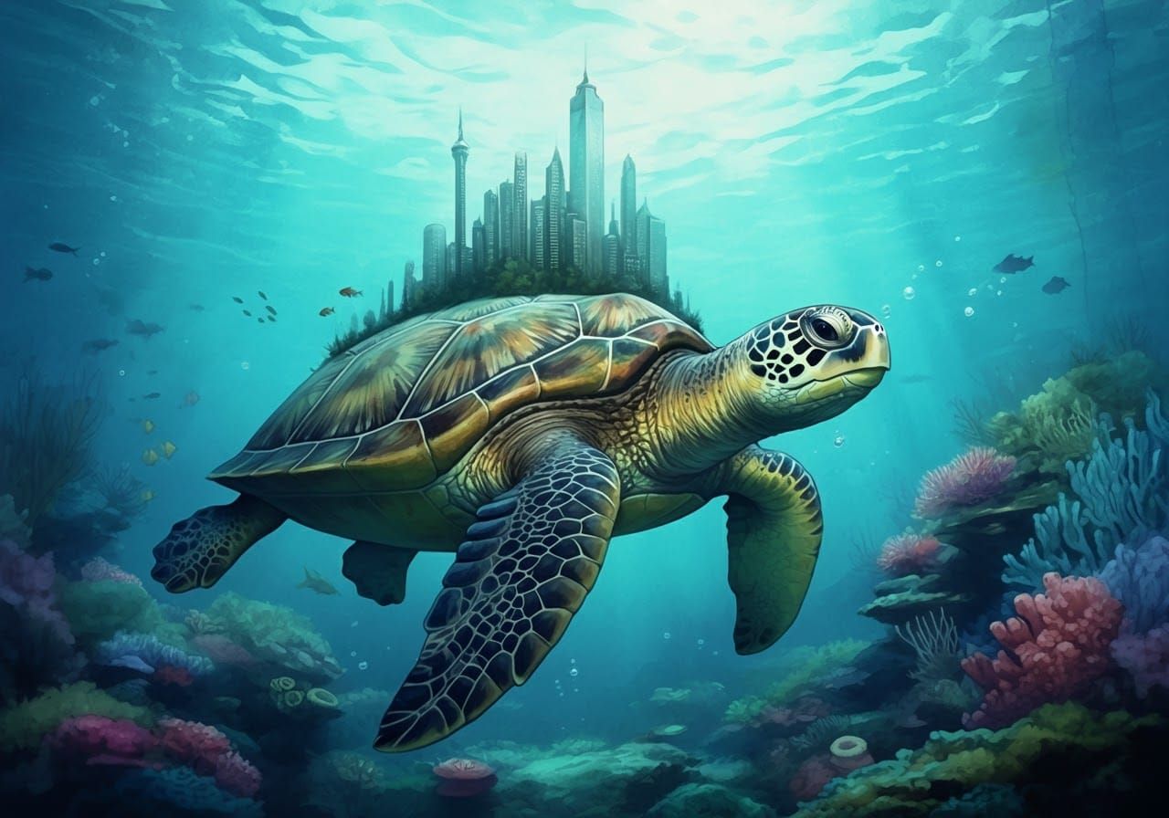 Turtle Island: City on a Turtle in Watercolour