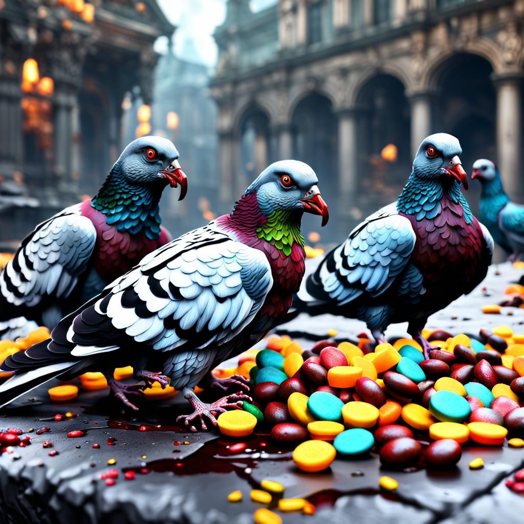 Zombie Pigeons Feast on Candy in Horror Style