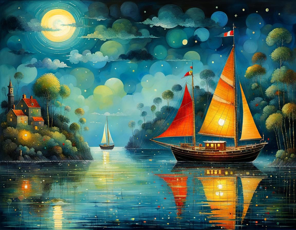 Moonlit Sailboat: Whimsical Pixel-Art Illustration