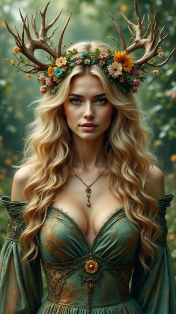 Forest Goddess with Antlers and Flowers