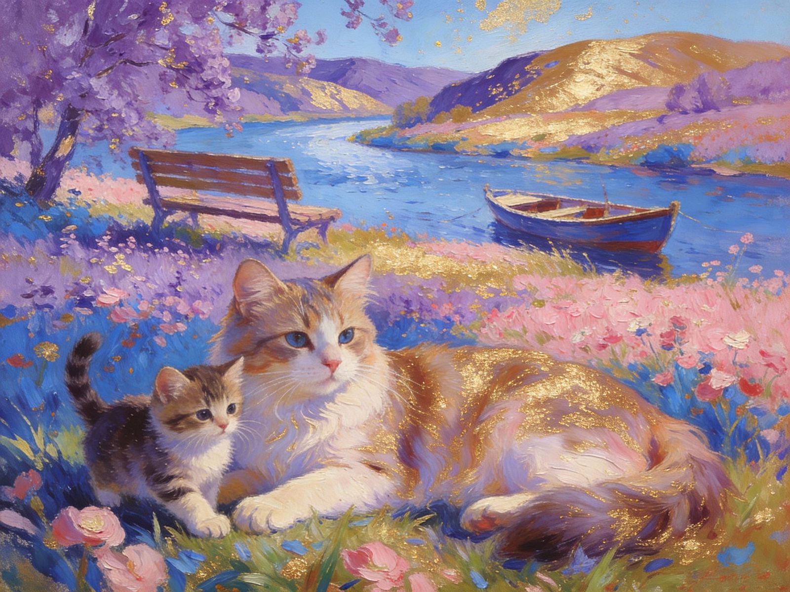 Elegant Cat and Kitten in Spring Meadow Oil Painting