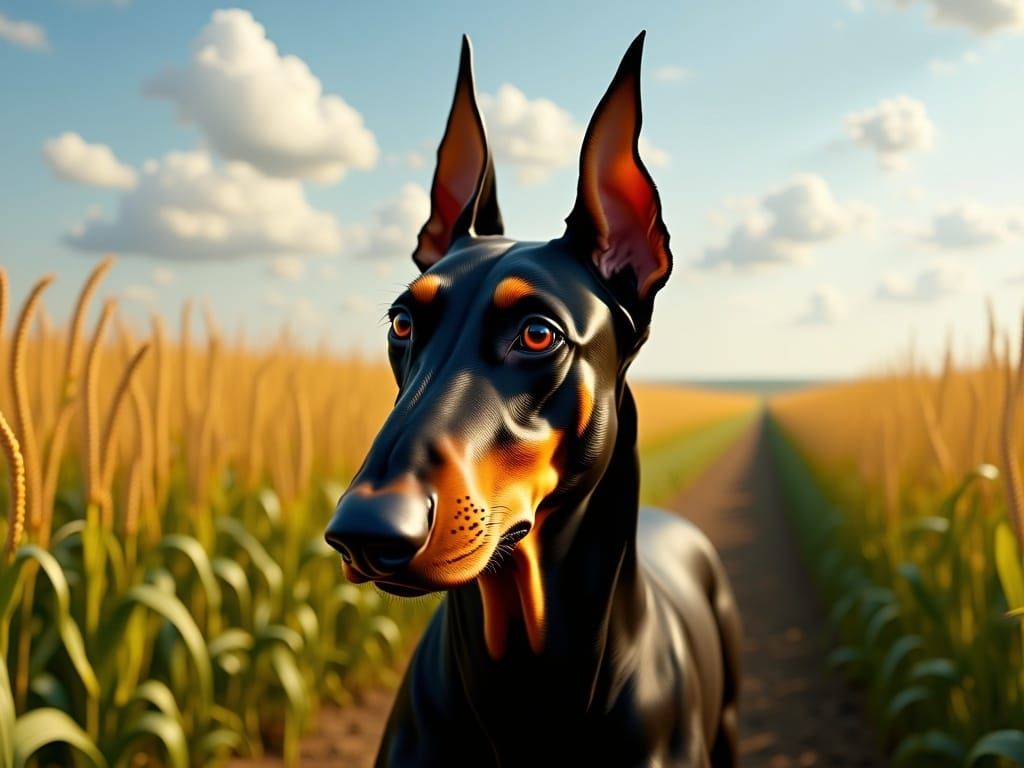 Doberman Pinscher Looks in Surprise in Cornfield