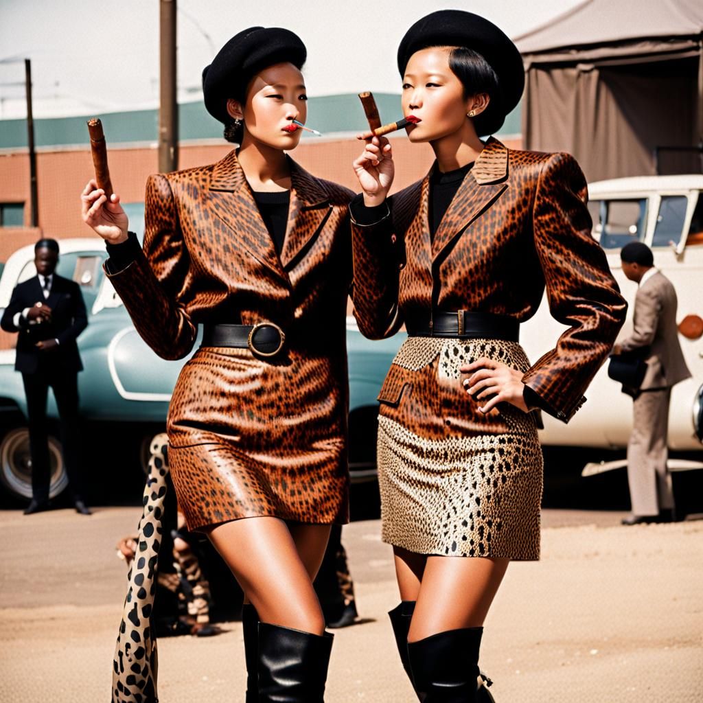 Women Smoking Cigars in Animal Print Suits