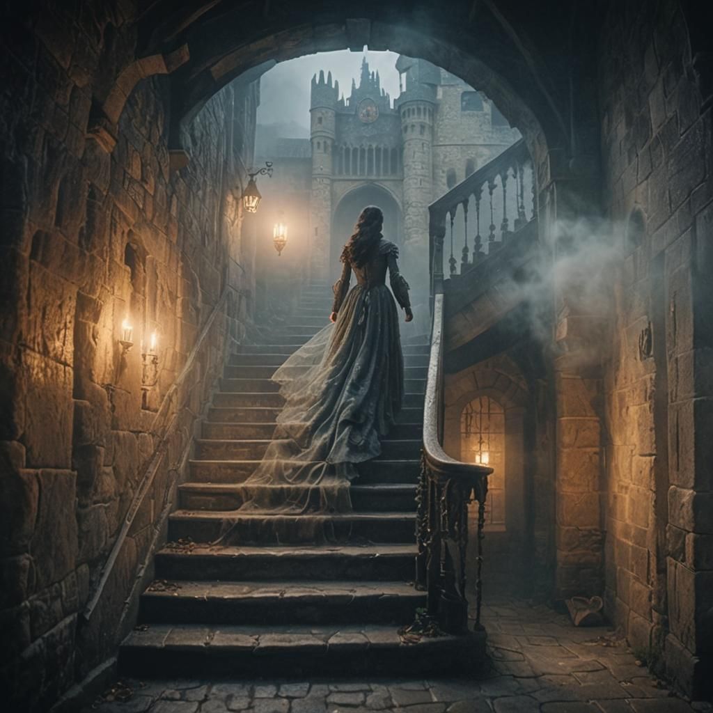 Ethereal Lady Ascends Castle Stairs in Dark Fantasy