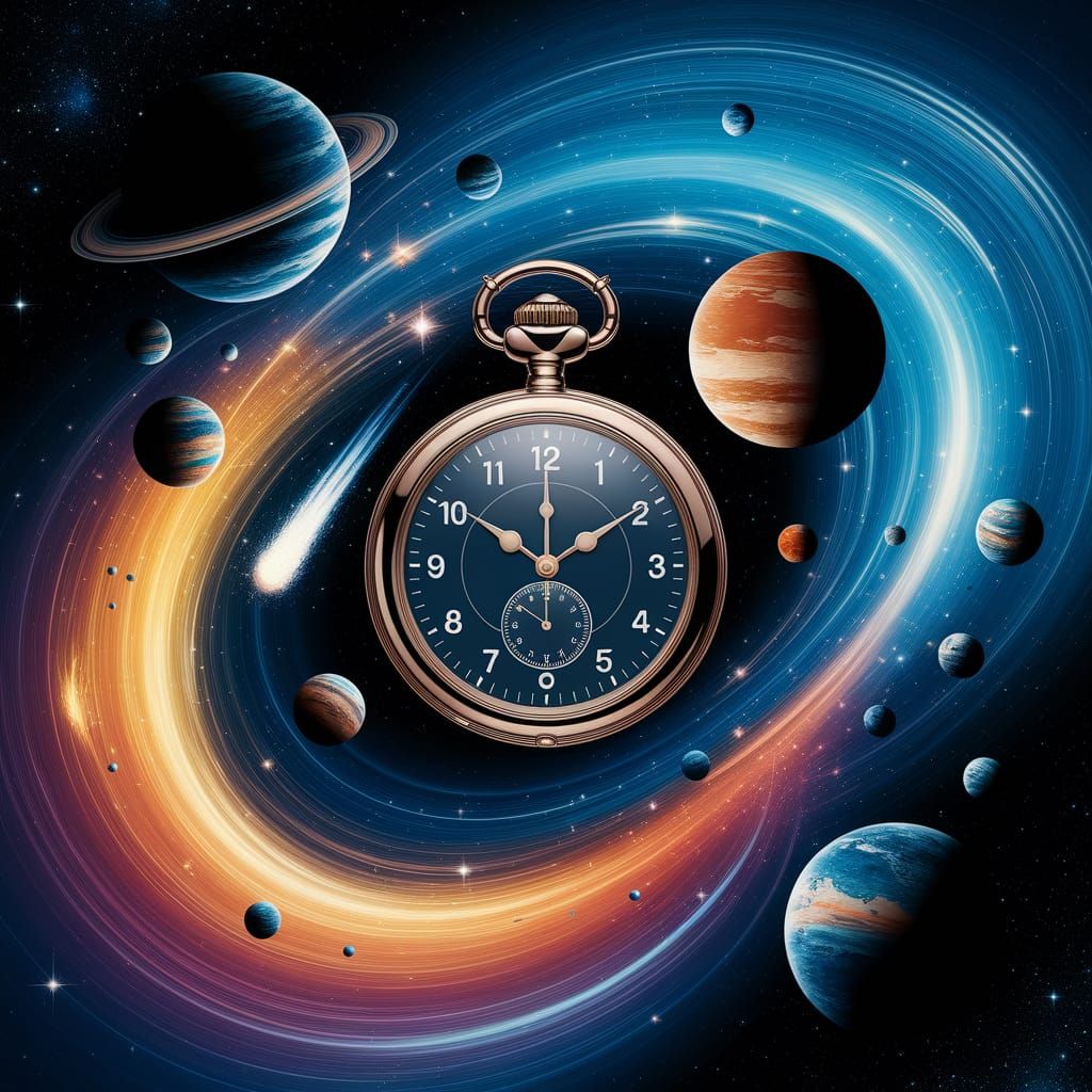Cosmic Pocket Watch Floating in Space