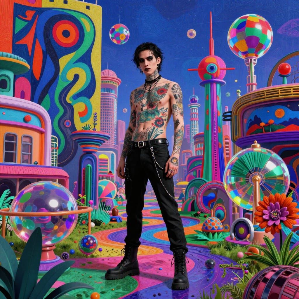 Goth Man in Iridescent Aetherpunk Landscape
