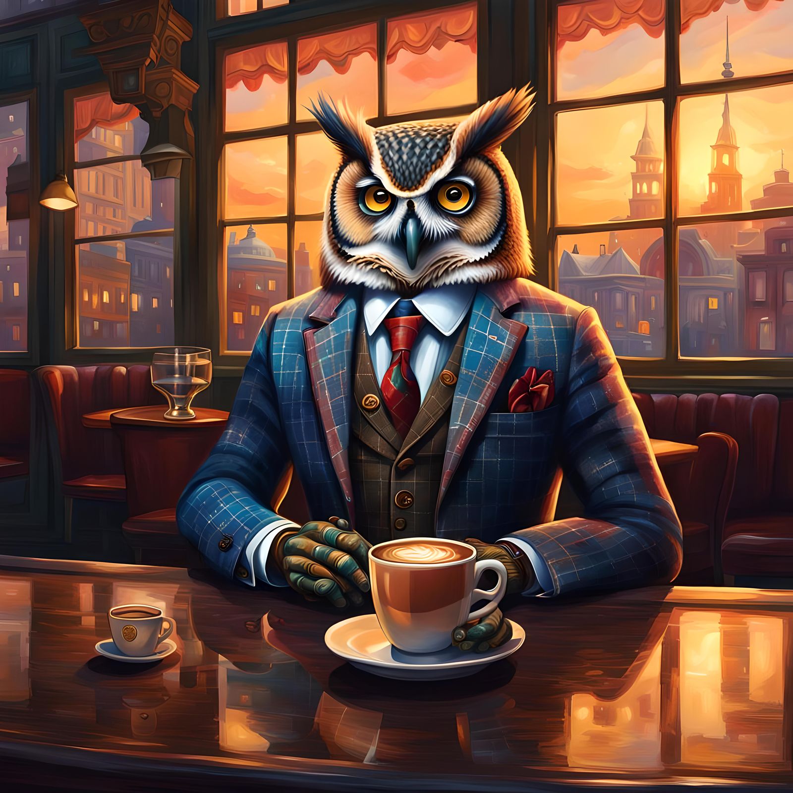 Anthropomorphic Owl in Victorian Coffee Shop at Sunrise