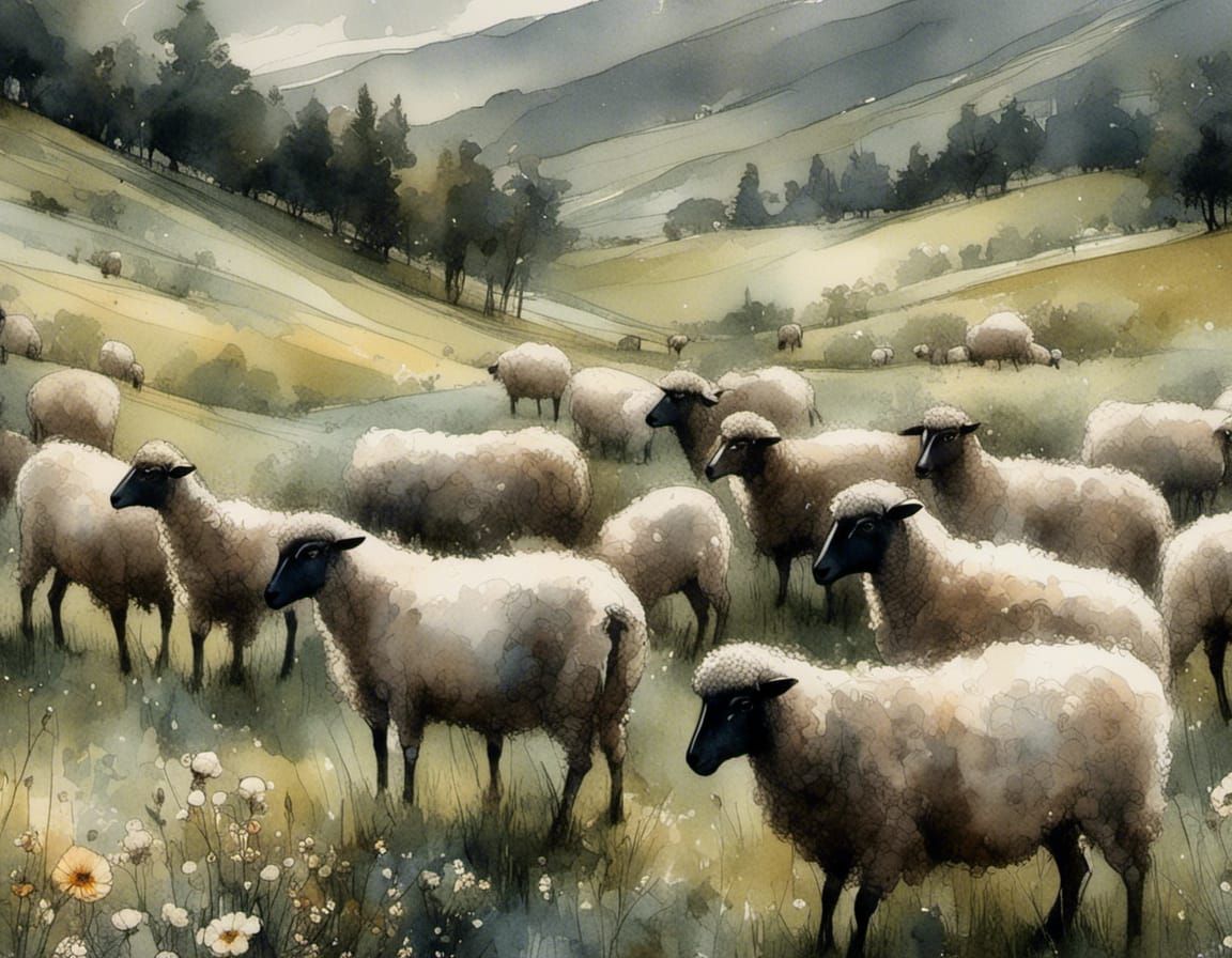Sheep Graze on Hillside: Intricate Watercolor