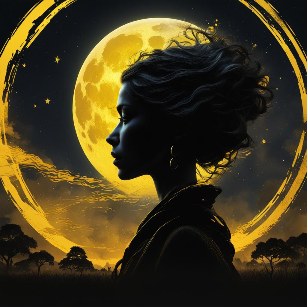 Woman's Silhouette with Yellow Moon: Fantasy Art