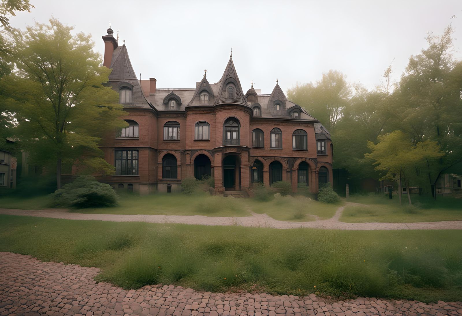 Grand Brick House with Turret in Cinematic Style