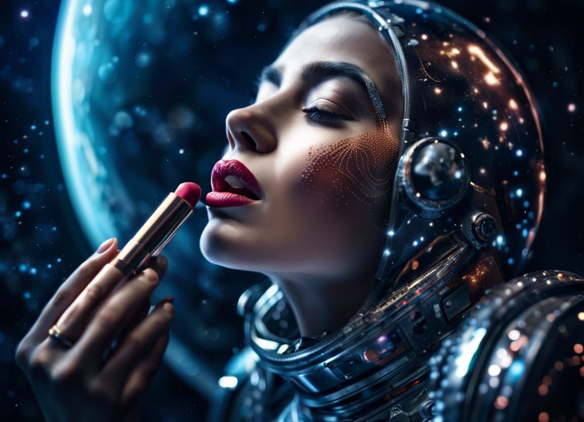 Hyperrealistic Space Woman Applying Lipstick in Space