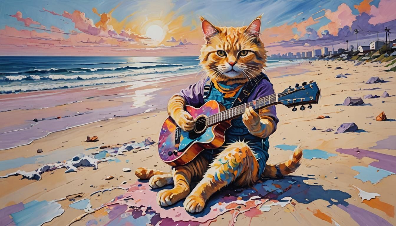 Psychedelic Cat Plays Guitar on Beach in Acrylic