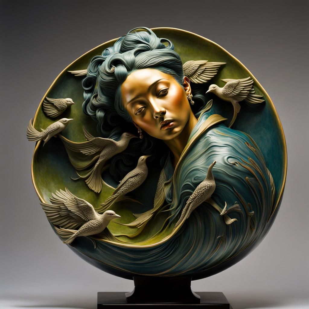 Nerikomi Glazed Stoneware Sculpture: Lady Awakening