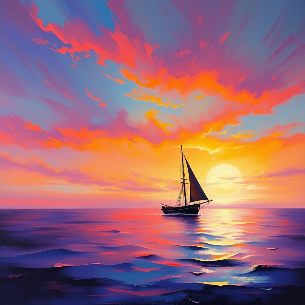 Peaceful Sunset Sailing Scene in Vibrant Colors