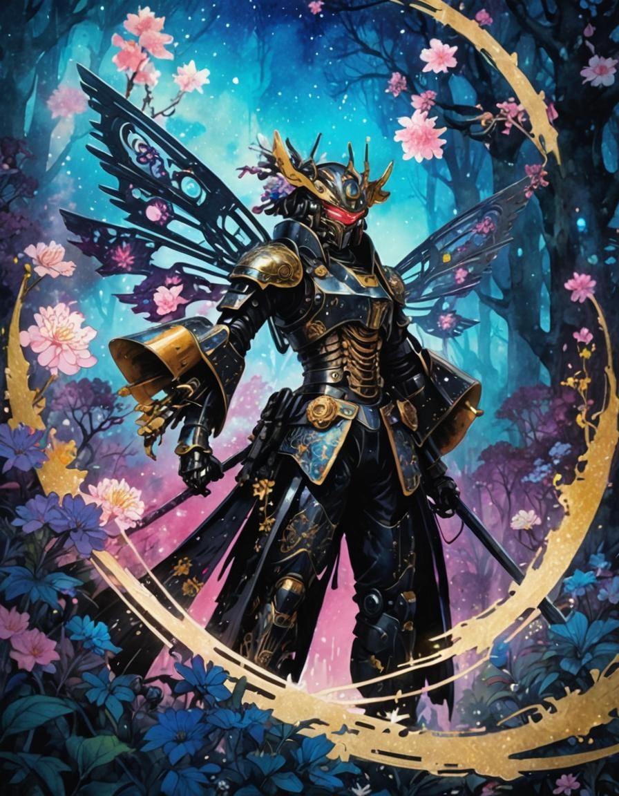 Clockwork Samurai in Bioluminescent Forest, Ink Art