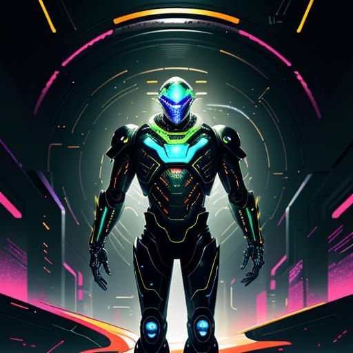 Surreal Cyberpunk Warrior in Shimmering Liquid Armor