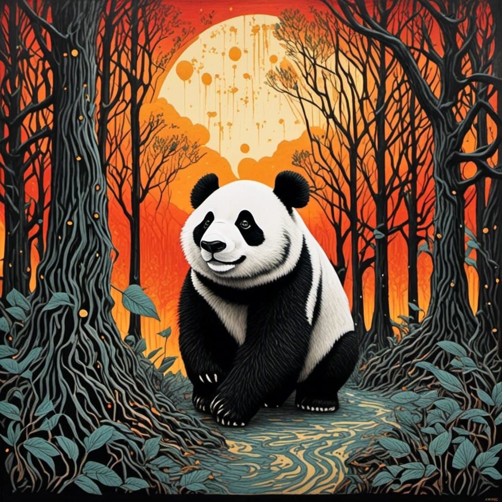 Surreal Panda Portrait in Woodcut Style