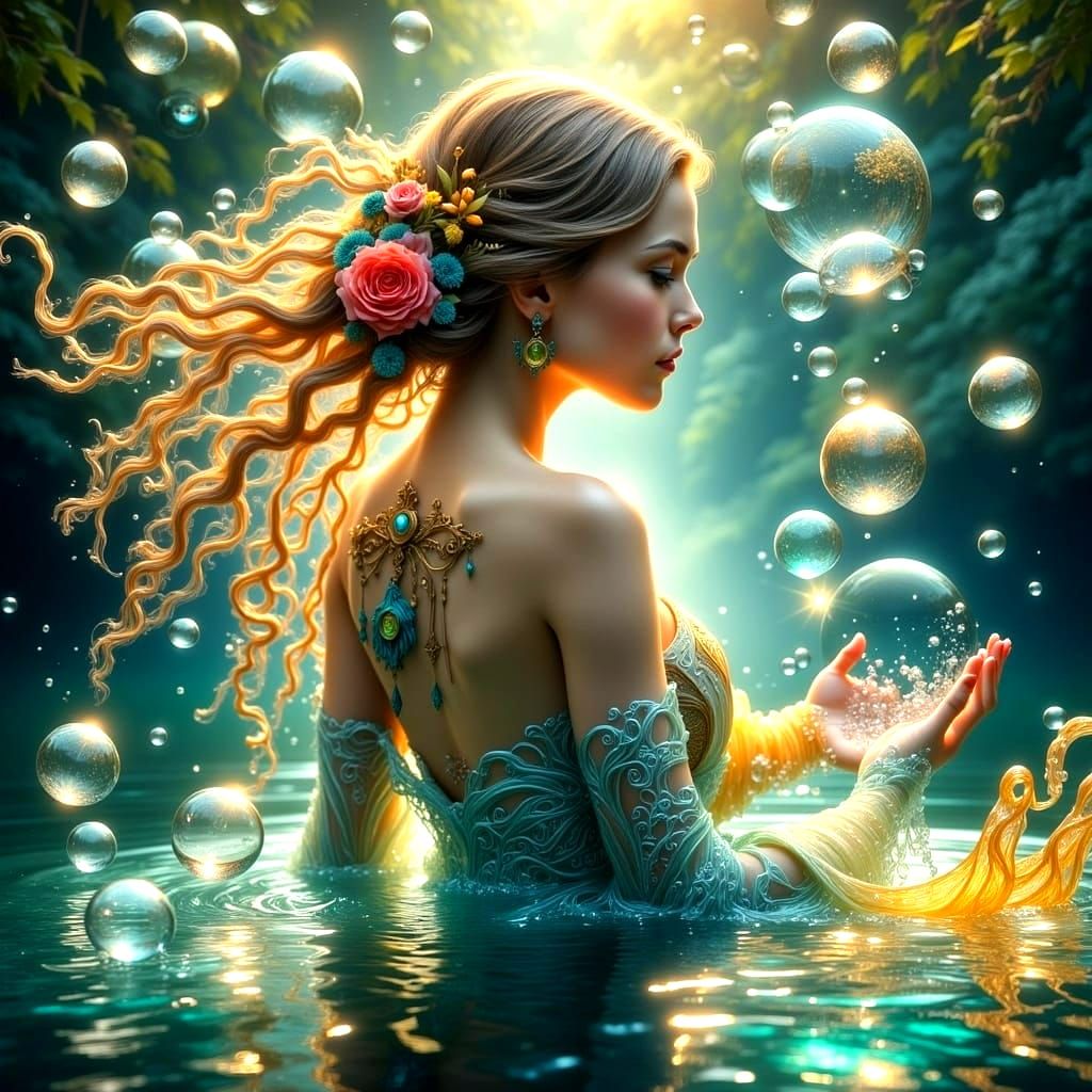Iridescent Bubbles in Art Nouveau Lady of the Lake Scene