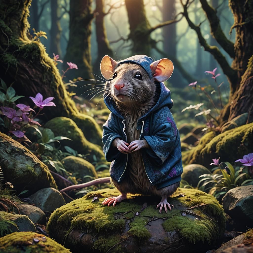 Hooded Rat in Mystical Forest: Dark Fantasy Illustration