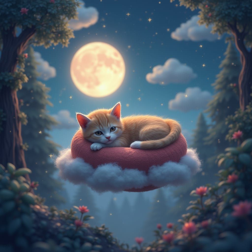 Dreamy Cat Napping on Cloud in Matte Painting Style