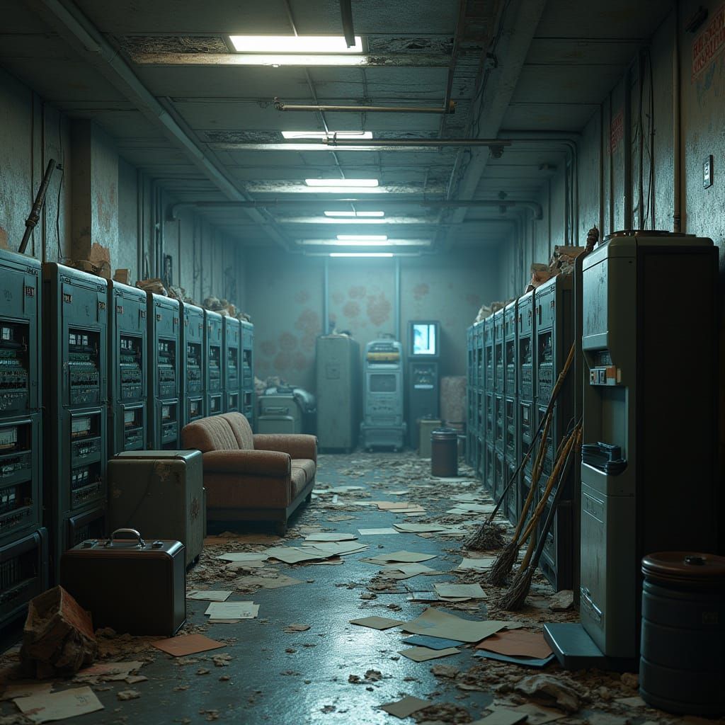 Abandoned Futuristic Computer Room Filled with Clutter and M...