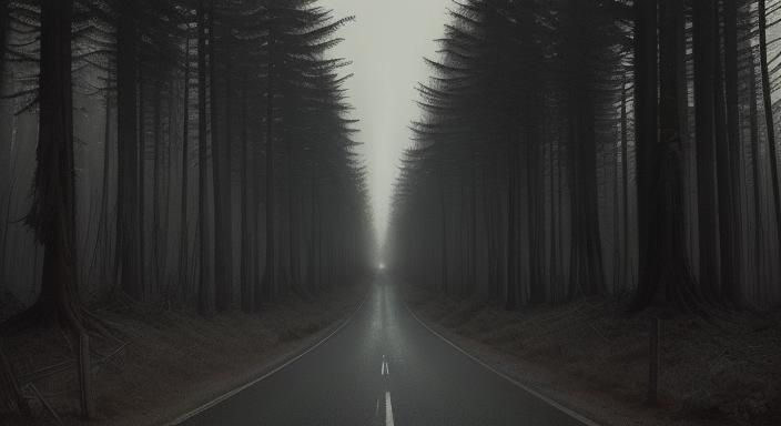 Eerie Totem Poles Beside Highway, Horror Art Style