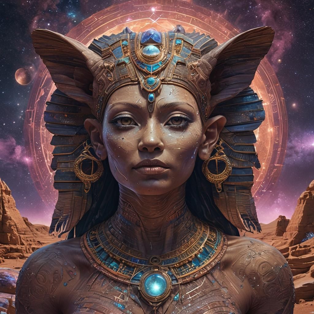 Holographic Cosmic Sphinx Illustration in Mixed Media