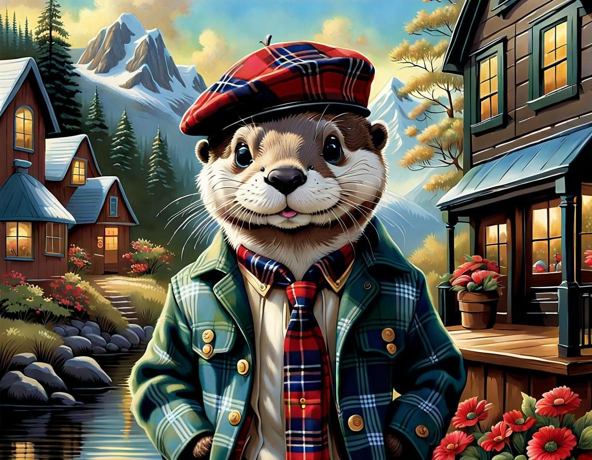 Otter in Plaid Beret: Whimsical Storybook Illustration