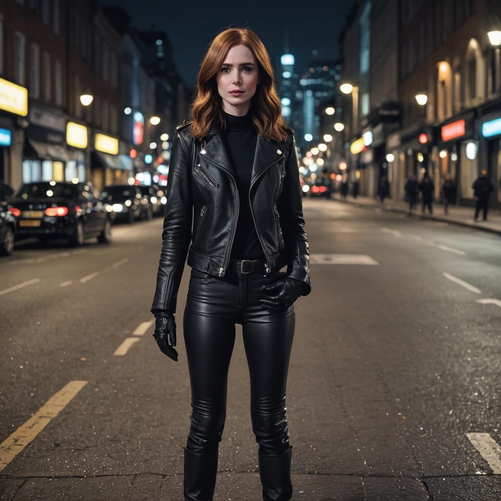 Karen Gillan in Leather Outfit, Night Street Photography