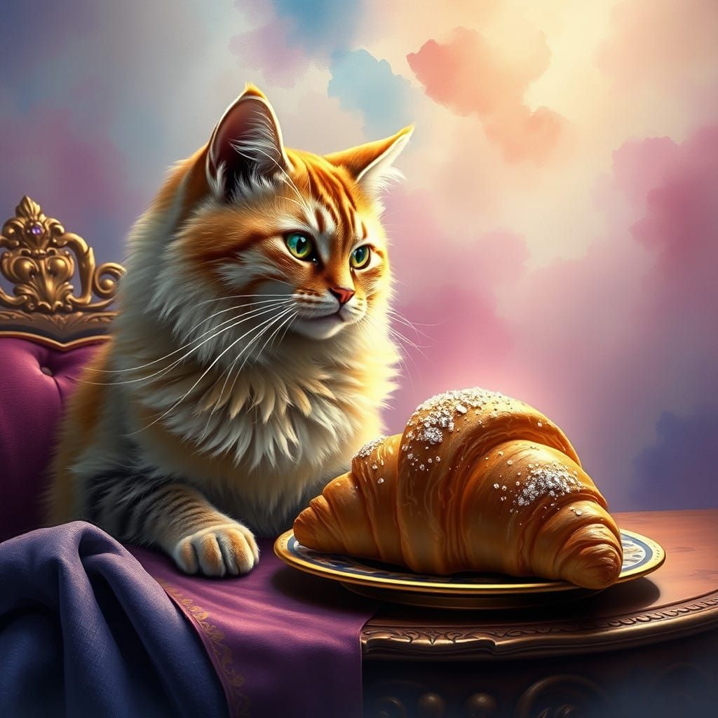 Regal Cat Beside Croissant in Fantastical Realism Style