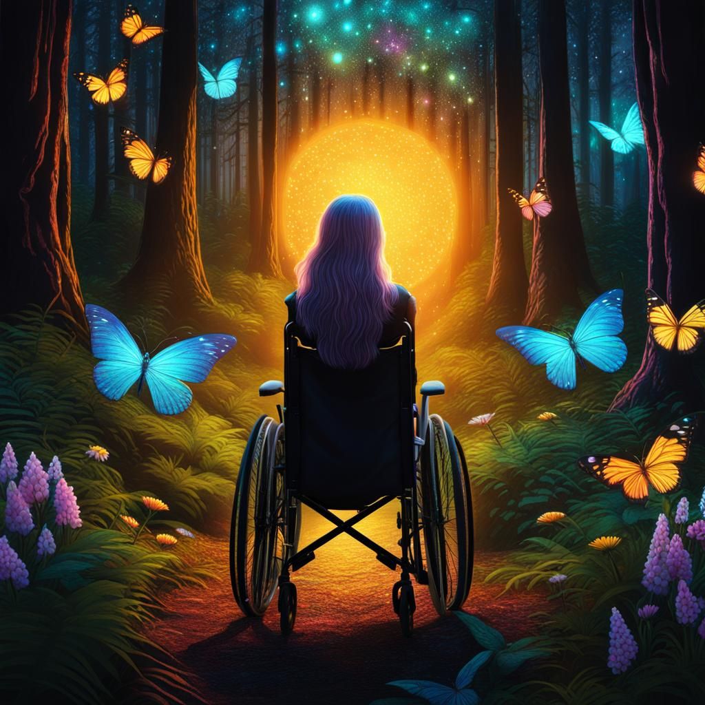 Girl in Wheelchair in Bioluminescent Forest