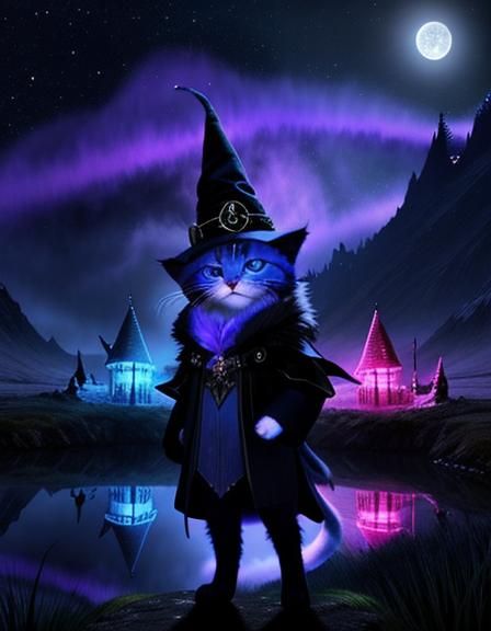 Cat Wizard in Fairycore Noctilucent Landscape